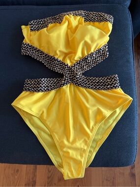 Yellow Cutout One-Piece Swimsuit with Contrast Woven Trim